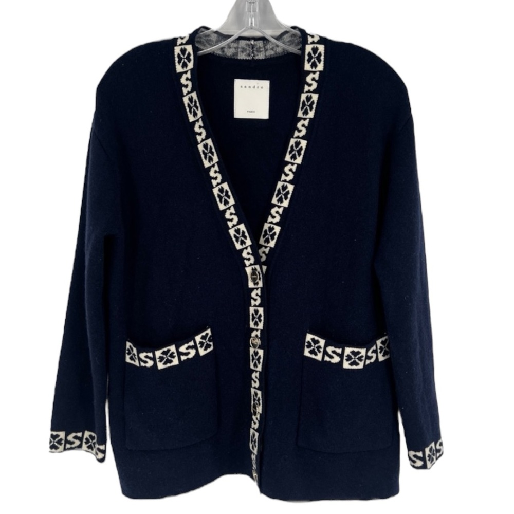 Sandro Logo Trim Designer Wool Blend Navy Blue Classic V Neck Cardigan Sweater 0